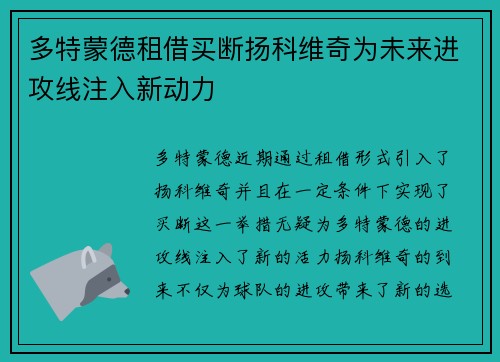 多特蒙德租借买断扬科维奇为未来进攻线注入新动力